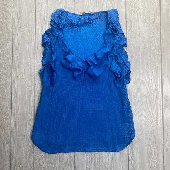 Rebecca Taylor Women's Blue Silk Sleeveless Ruffle Tank Blouse Size 2 - Picture 1 of 9